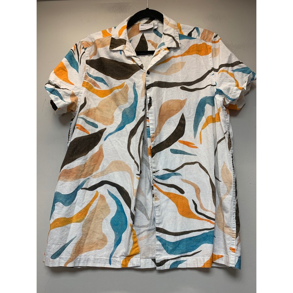 ASOS DESIGN Button Down Mens XS White Abstract Swirl Cotton Linen Excellent